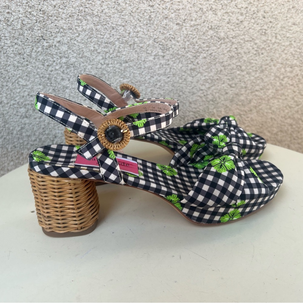 Kate Spade NY heel sandals gingham black white Hayden knot style Sz 7B NWOT